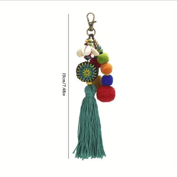 Colorful Pom Pom Keychain with Shells - Picture 3 of 12